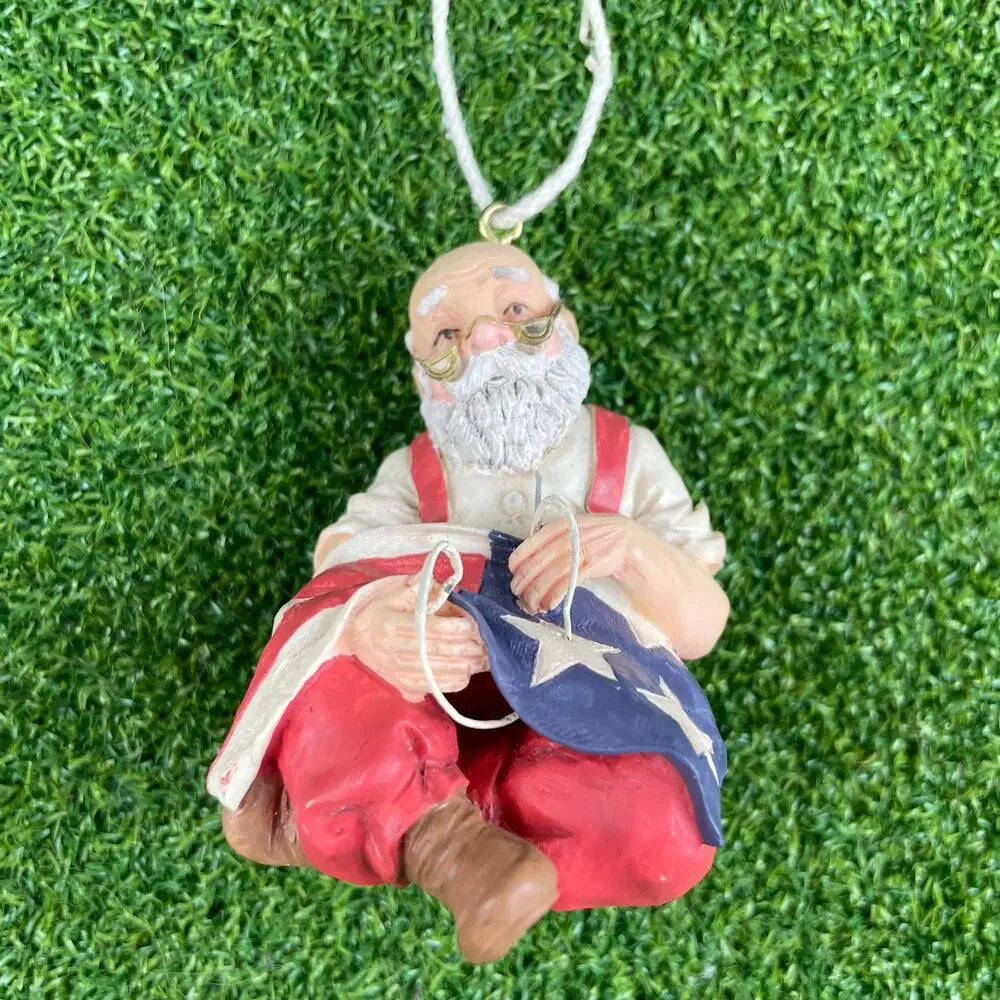 Vintage Santa Claus Sewing American Flag Patriotic Holiday Christmas Ornament